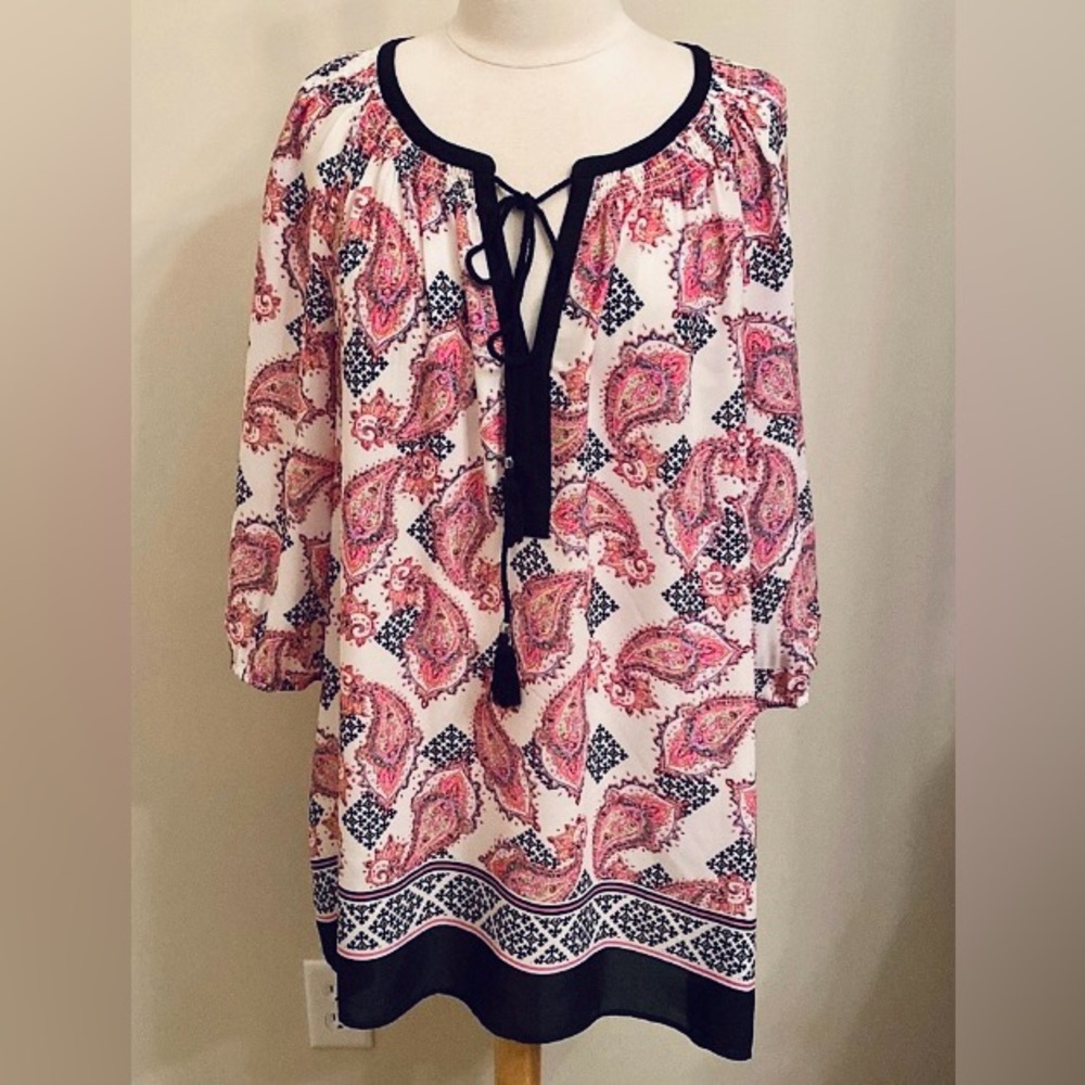 Black Rainn Black Pink Cream Paisley Print 2X Romantic Whimsigoth Boho Chic Top